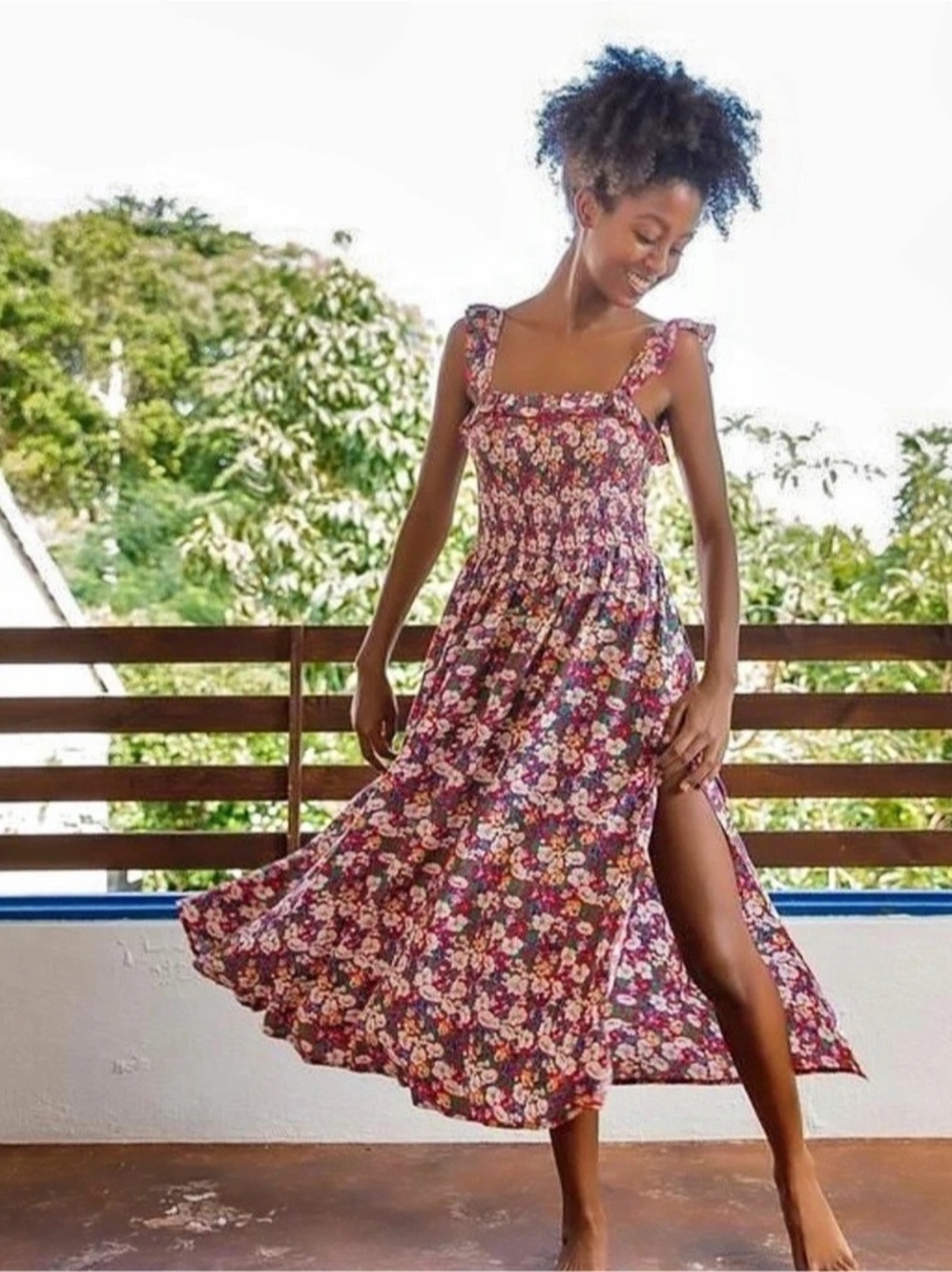 Natural Life Megan Floral Midi Dress L Red Smocked Ruffle Strap Cottagecore